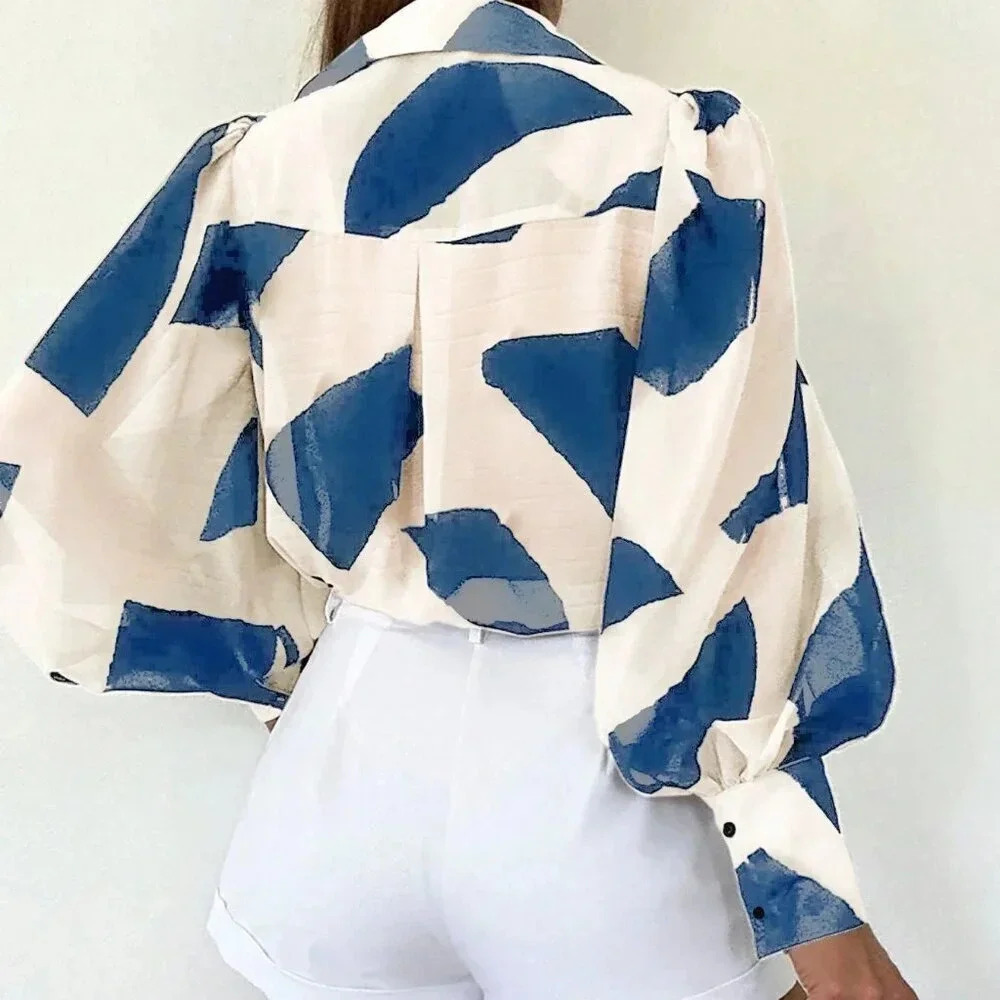 Blue Casual Women's Long Sleeve Allover Print Blouse Shirt - Picture 2 of 4